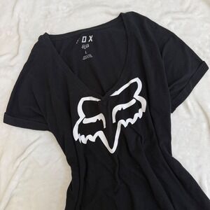 FOX Racing Womens V Neck T Shirt Black Short Sleeve Logo Tee Size L
